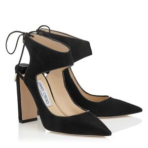 Jimmy Choo Mazey pump. Black suede with black patent leather trim. Size: 36.5